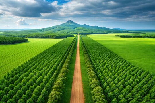 Expansive green landscape with a straight road leading to a distant mountain
