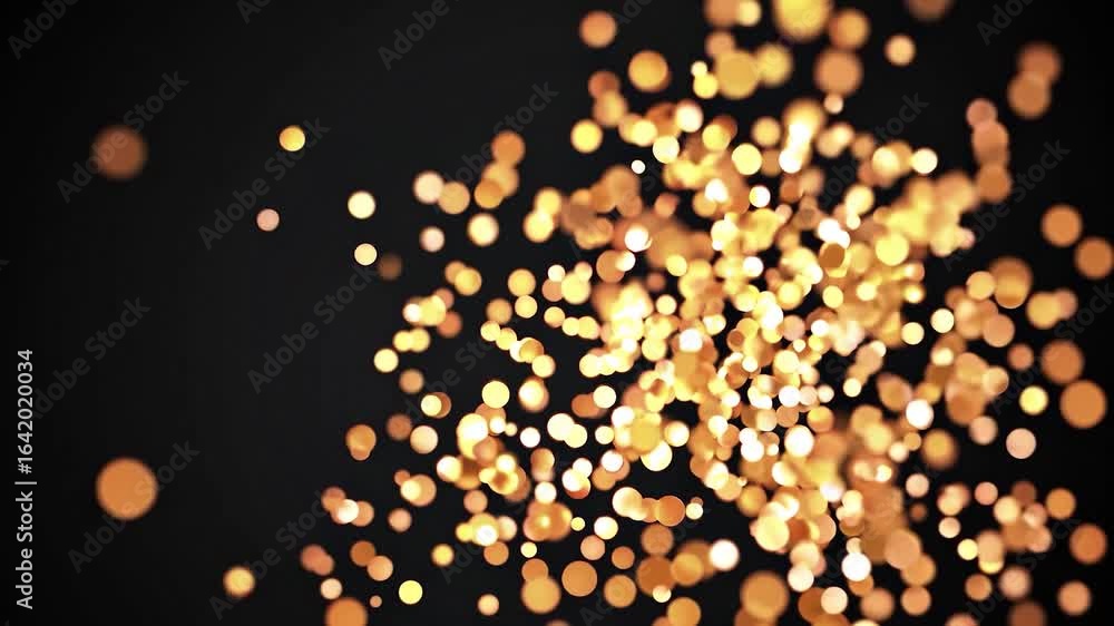 Poster luminous golden particles exploding from center, radiating dynamic energy across dark surface, gener