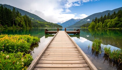 Peaceful lake dock scene with mountain background