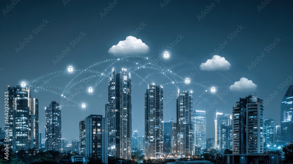 Poster connected urban cityscape with cloud computing network and data security concept at night
