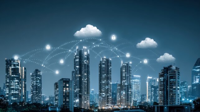 Connected Urban Cityscape with Cloud Computing Network and Data Security Concept at Night - Powered by Adobe