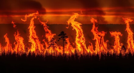 Intense forest fire with dramatic flames and orange sky