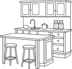 Elegant kitchen interior outline with island and stools, creating a cozy and inviting atmosphere for dining