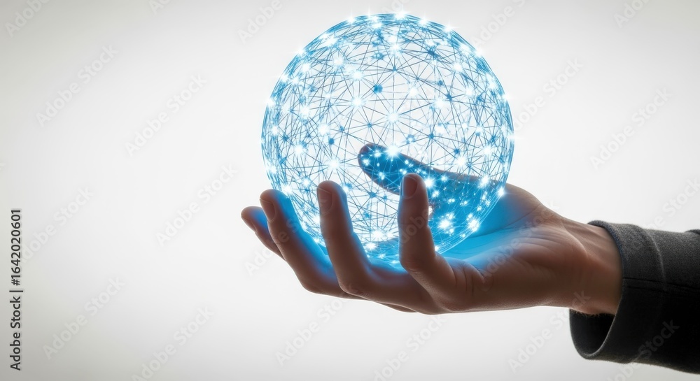 Poster hand holding digital sphere with connected nodes representing technology and global network communic