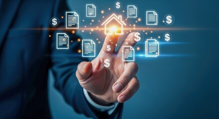 Real Estate Digital Transformation: Hand Touching House Icon Surrounded by Documents and Currency Symbols