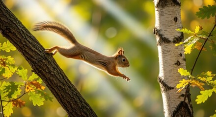 Squirrel leaping in sunlit forest amid autumn foliage