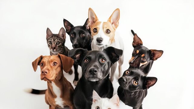 A captivating image showcases a group of domestic animals, including dogs and cats. They are arranged closely on a white background, creating a visually appealing and heartwarming scene.