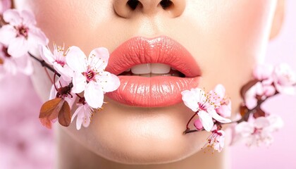 A close-up shows a woman's mouth with coral lipstick, holding a branch of small pink cherry blossoms between her lips.