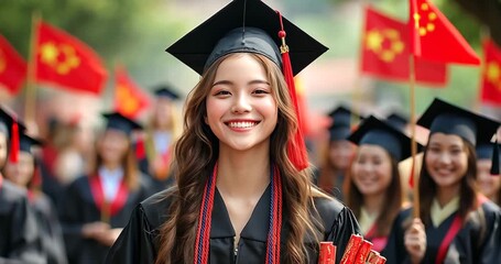 A young woman in a graduation gown and cap smiles at the camera during a graduation ceremony. - Powered by Adobe