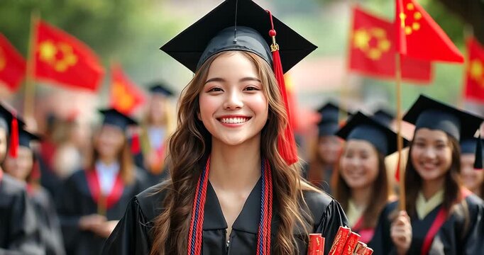 A young woman in a graduation gown and cap smiles at the camera during a graduation ceremony.