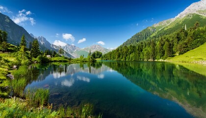 stunning mountain lake with clear reflections surrounded by lush greenery and blue sky