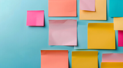 Fototapeta premium Vibrant sticky notes in assorted pastel colors arranged on a bright blue textured background