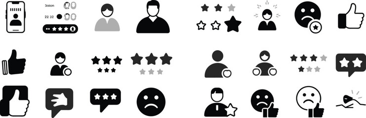 Customer, feedback, review, rating, satisfaction, user, experience, service, quality, happy, sad, like, dislike, stars, profile, vector, icons, set, collection, symbols