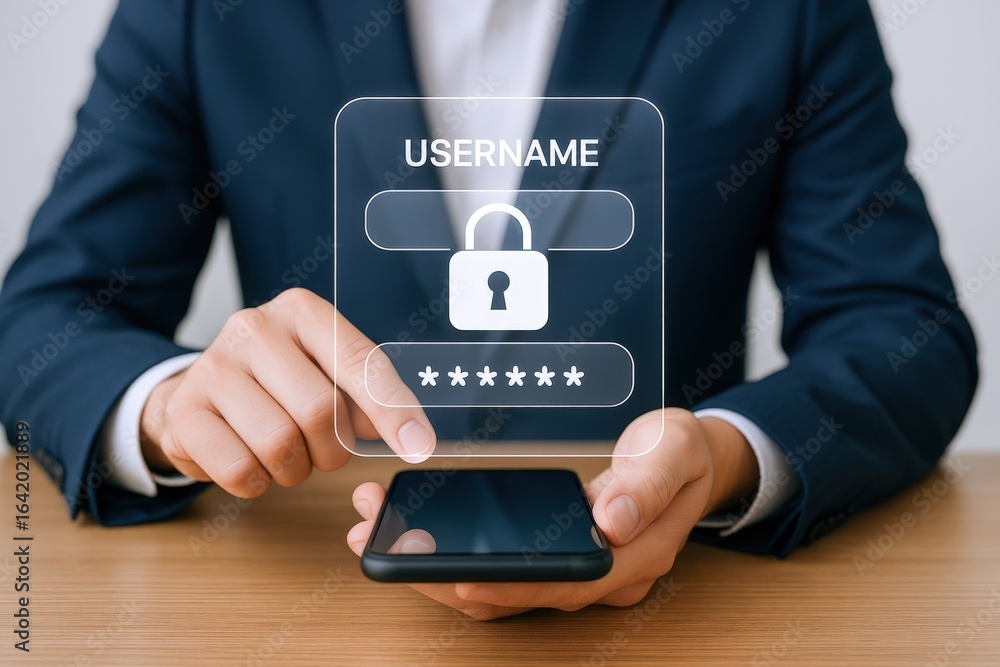Poster secure online login: man entering username and password on smartphone for account access