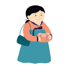 Adult woman in traditional Korean clothes hanbok holding holiday gift, isolated on transparent. Hand drawn flat vector illustration. Cartoon character. Chuseok, Seollal design element, clip art