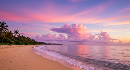 Serene tropical paradise beach with dramatic colorful clouds reflecting in the ocean at sunrise.