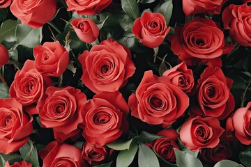 Naklejka premium Close-up view of many vibrant red roses.