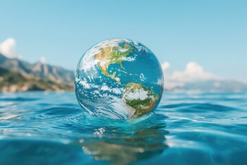 Earth globe resting on water surface.