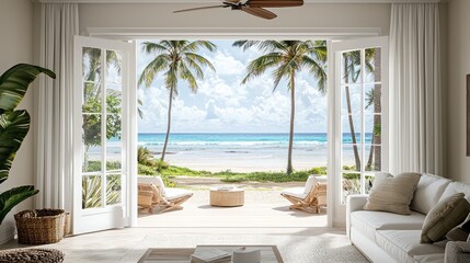 Beachfront living room with expansive ocean views.