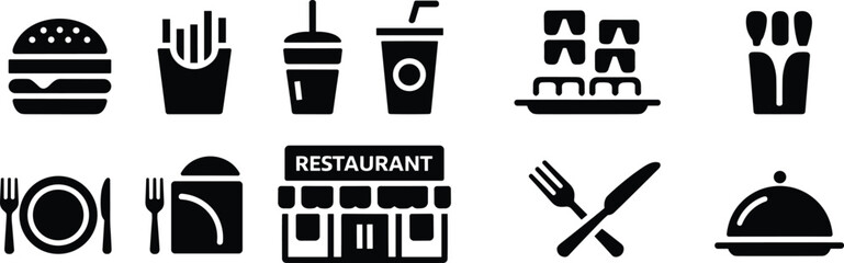 Food, restaurant, dining, fast, meal, delicious, hamburger, fries, soda, drink, kitchen, cooking, eating, dinner, lunch, vector, icons, set, collection, symbols