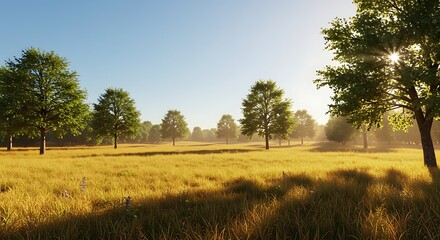 Golden hour sunlight shining through trees across a peaceful grassy field landscape.