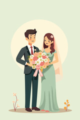Happy bride and groom holding bouquet on a light background