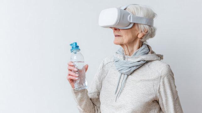 Elderly woman wearing virtual reality headset, holding water bottle, engaged in immersive experience, showcasing active digital longevity and modern technology in a minimalistic environment