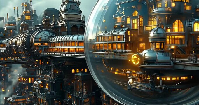 High angle static shot: A futuristic steampunk city with intricate details and a large glass sphere reflecting a train station.