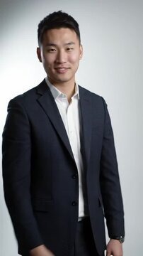 Young male professional, late twenties, modern business suit, confident smile, uncrosses arms and nods on soft light gray studio background with subtle push-in video, eye-level. Professional growth