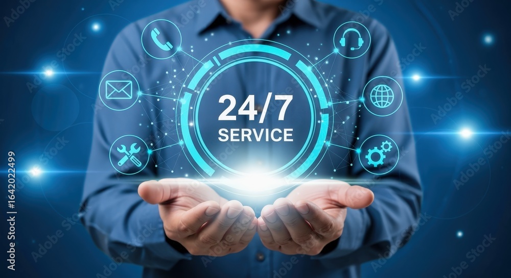 Poster 24/7 service concept: hands holding digital display of customer support and around-the-clock assista
