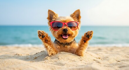 Funny cute terrier in pink sunglasses relaxes on a tropical seaside vacation with paws up