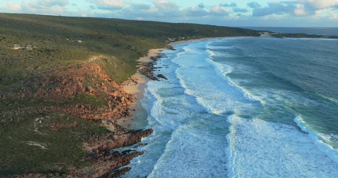 4k Aerial views of rugged rocky coastline in South West Australia at sunset