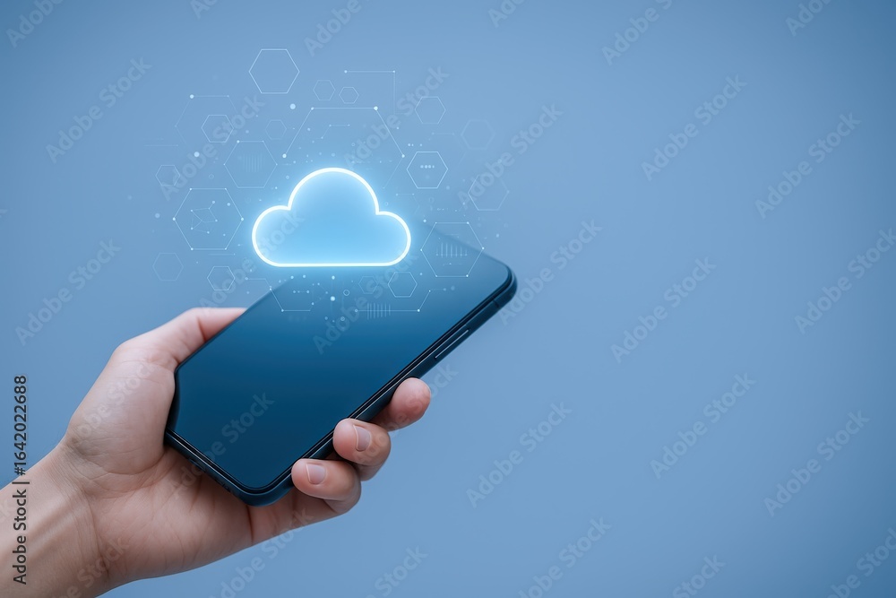 Poster hand holding smartphone displaying cloud computing icon, illustrating mobile cloud technology and da