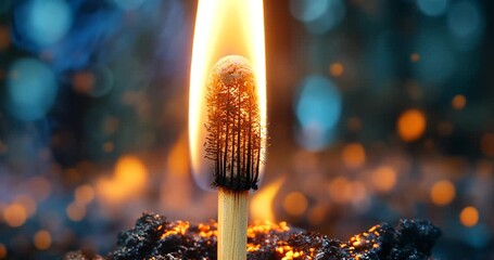 A burning matchstick shaped like a miniature forest is consumed by fire, highlighting the delicate balance of nature.