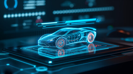 Glowing blue holographic sports car projection on digital interface. Futuristic automotive technology for vehicle design, engineering visualization, and innovative transport development concepts.