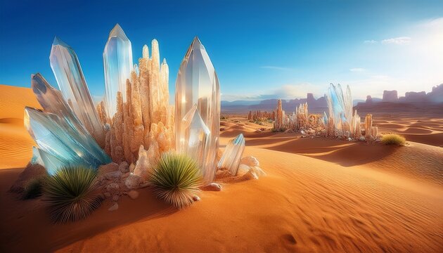 june summer fantasy art with crystal formations in a desert landscape - Powered by Adobe