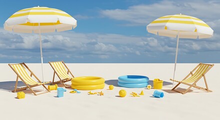 Summer beach vacation concept with yellow striped umbrellas, lounge chairs, and toys.