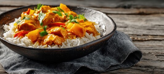 The delicious curry dish served over fluffy white rice on rustic wood.
