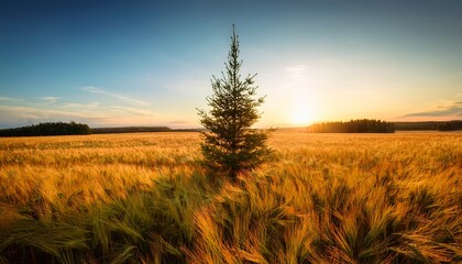 solitary young evergreen tree in golden field at sunset