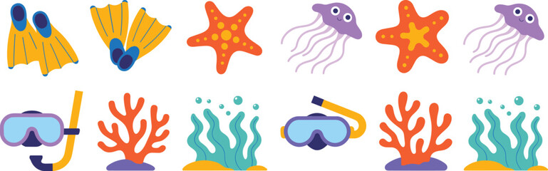 Underwater, ocean, marine, life, sea, diving, snorkeling, flippers, starfish, jellyfish, coral, seaweed, bubbles, travel, vacation, vector, icons, set, collection, symbols