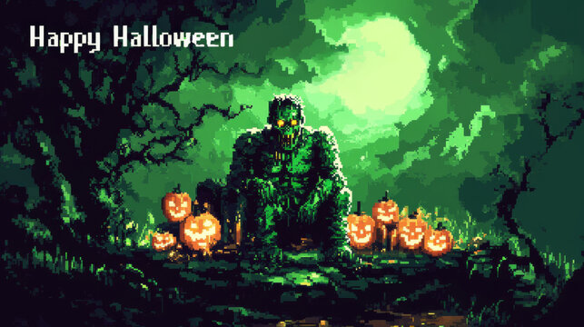 Frankenstein character sits among glowing pumpkins in a minimalist pixel art style celebrating Halloween