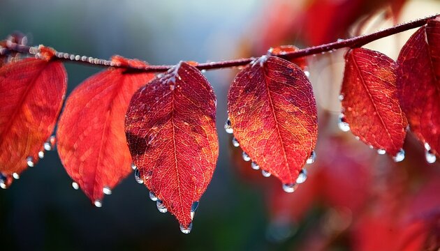 a close up view of vibrant red leaves adorned with glistening water droplets showcasing the beauty of nature and the freshness of autumn in a visually striking manner - Powered by Adobe