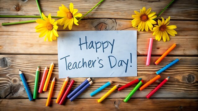 Happy teachers day handwritten message with colorful pencils and flowers on a rustic wooden background, a symbol of appreciation and education