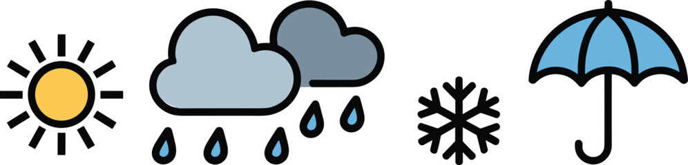 Weather, forecast, climate, meteorology, sun, clouds, rain, snowflake, umbrella, seasons, nature, elements, symbols, vector, icons, set, collection, conditions, illustration