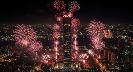 Obraz premium Dazzling 2026 New Year's Eve Fireworks Display Over Illuminated Cityscape