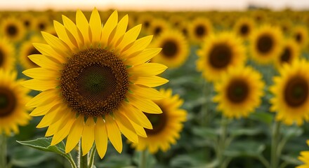 Golden sunflower closeup in a blooming agricultural field at scenic sunset.