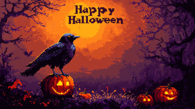 Halloween celebration featuring a crow on a jack-o'-lantern under a full moon in retro pixel art style