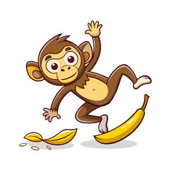 Playful Monkey Slipping on Banana Peel Cartoon Vector Illustration for Fun and Humorous Design Projects