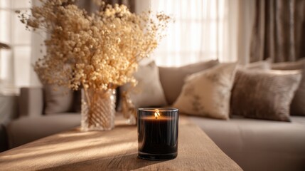 The beautiful candle casting a warm glow in a stylish living room setting.