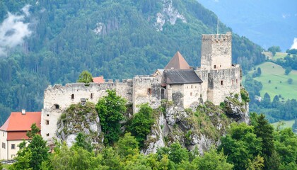 Fototapeta premium Mountaintop castle ruins, lush landscape